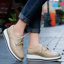 Women's Genuine Leather Oxford Shoes Low Top Platform Brogue Shoes Casual Leisure Oxfords Flats for Ladies women genuine leather flats brogue oxford white black platform shoes lace up pointed toe ladies casual shoes zapatos mujer