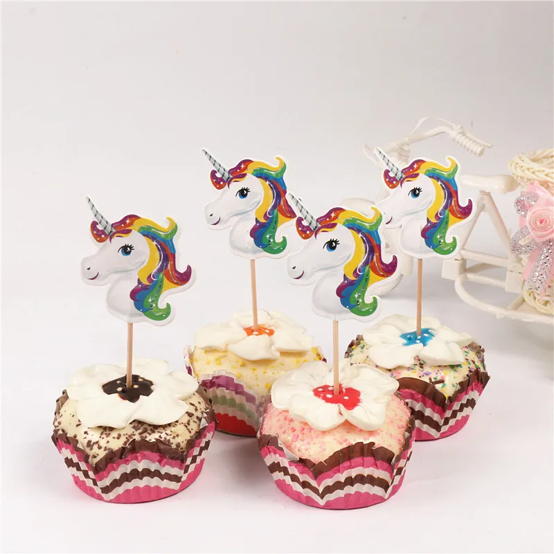 

24pcs/bag Unicorn cake toppers Unicorn party birthday party baby shower wedding cupcake flag home party cake decoration supplies