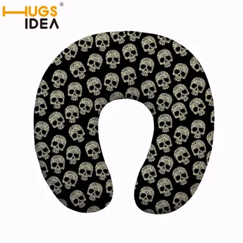 

HUGSIDEA Halloween Skull Pattern Memory Foam Pillow Neck U-Shape Pillow Headrest Car Flight Travel Soft Nursing Massage Cushion