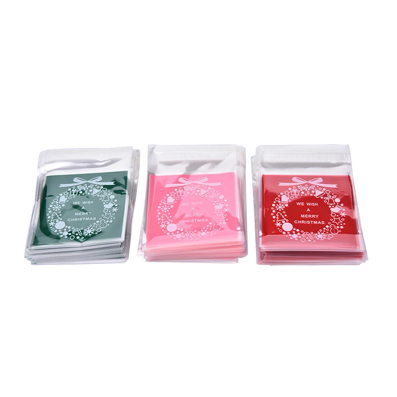 100Pcs Plastic Santa Adhesive Bow Tree Cookies Biscuit Candy Gift Bags New Year Festival Christmas Decoration Supplies 3Colors