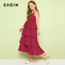 SHEIN Kiddie/Бордовое платье в горошек с многослойной оборкой для девочек; детское платье на бретельках; коллекция года; летние пляжные Длинные платья без рукавов в стиле бохо