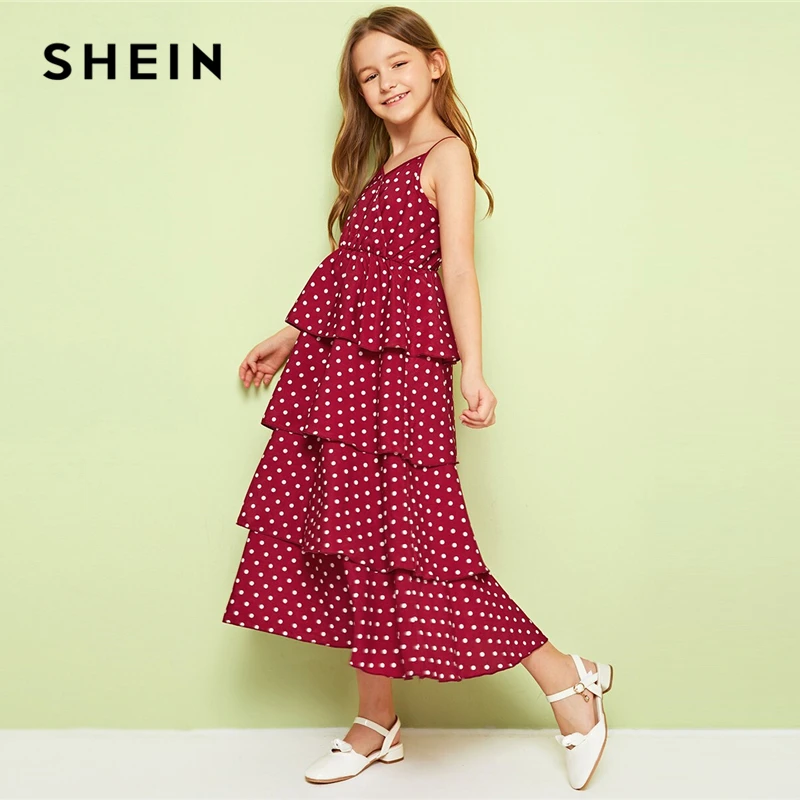 

SHEIN Kiddie Burgundy Polka Dot Layered Ruffle Hem Girls Cami Dress Kids 2019 Summer Vacation Sleeveless Boho Beach Long Dresses