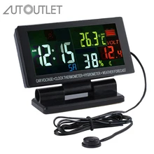Autoutlet цифровой Цвет ЖК-дисплей автомобильные Часы Погода термометр для измерения температуры тела и гигрометром декоративные часы для Напряжение сигнализации автомобиля Батарея вольтметр 12/24V
