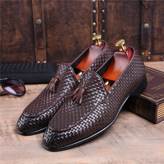 Fashion Brown Tan / Black Woven Design Summer Loafers Mens Wedding Shoes Genuine Leather Prom Shoes Boys Dress Shoes - AliExpress