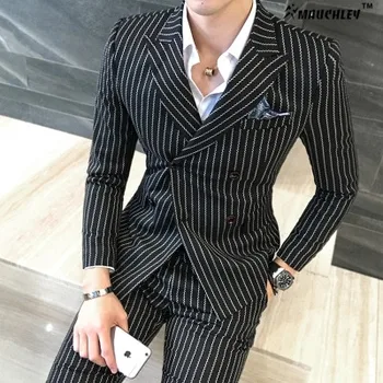 

2019 Latest Coat Pant Designs 3 Pieces /Set (Jacket +Vest+Pants) Mens Prom Suits Classic Striped Double Breasted Suits 5XL Plus