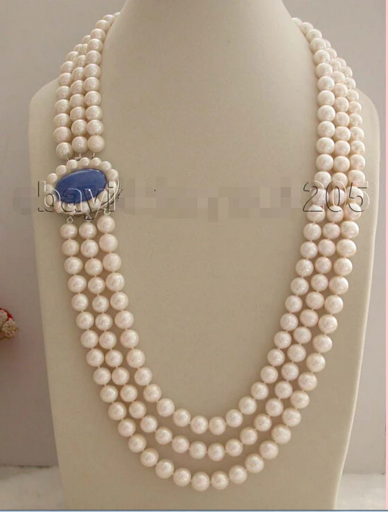 

>>>>28-29-30" 3rows Natural 11mm White Round Pearl Necklace lapis clasp #f1524!