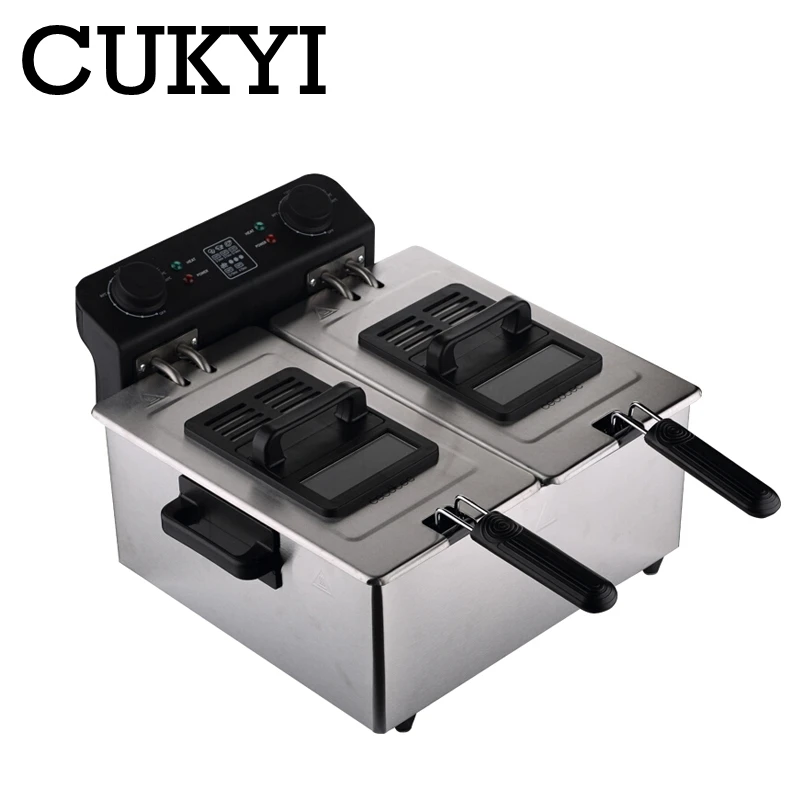 CUKYI Commercial Electric Deep Fryers household double cylinder frying pan Stainless steel 6L big capacity