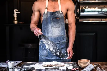 

Cotton Denim Apron by With Pockets for Women/Men,Chef Barista Bartender Painter in Cooking Kitchen Bistro Cafe,Adjustable