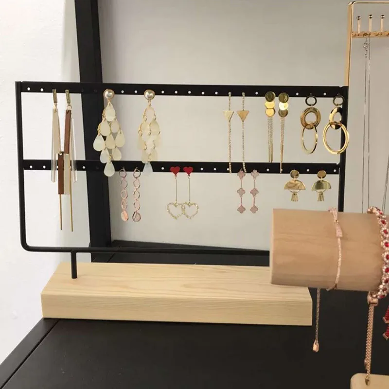 

48 Holes Jewelry Organizer Stand Black and White color Iron with Wooden craft Earring Holder Fashion Earrings Display Rack