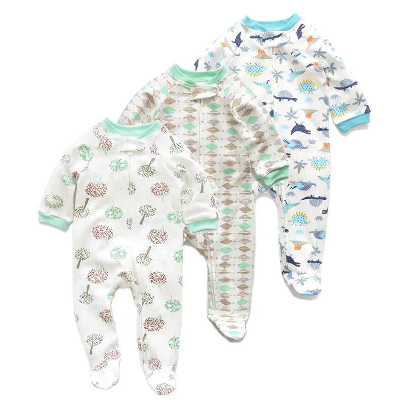 Хлопковая детская пижама с лапками с принтом на молнии спереди для сна и игр, 3 упаковки для детей 0-12 месяцев