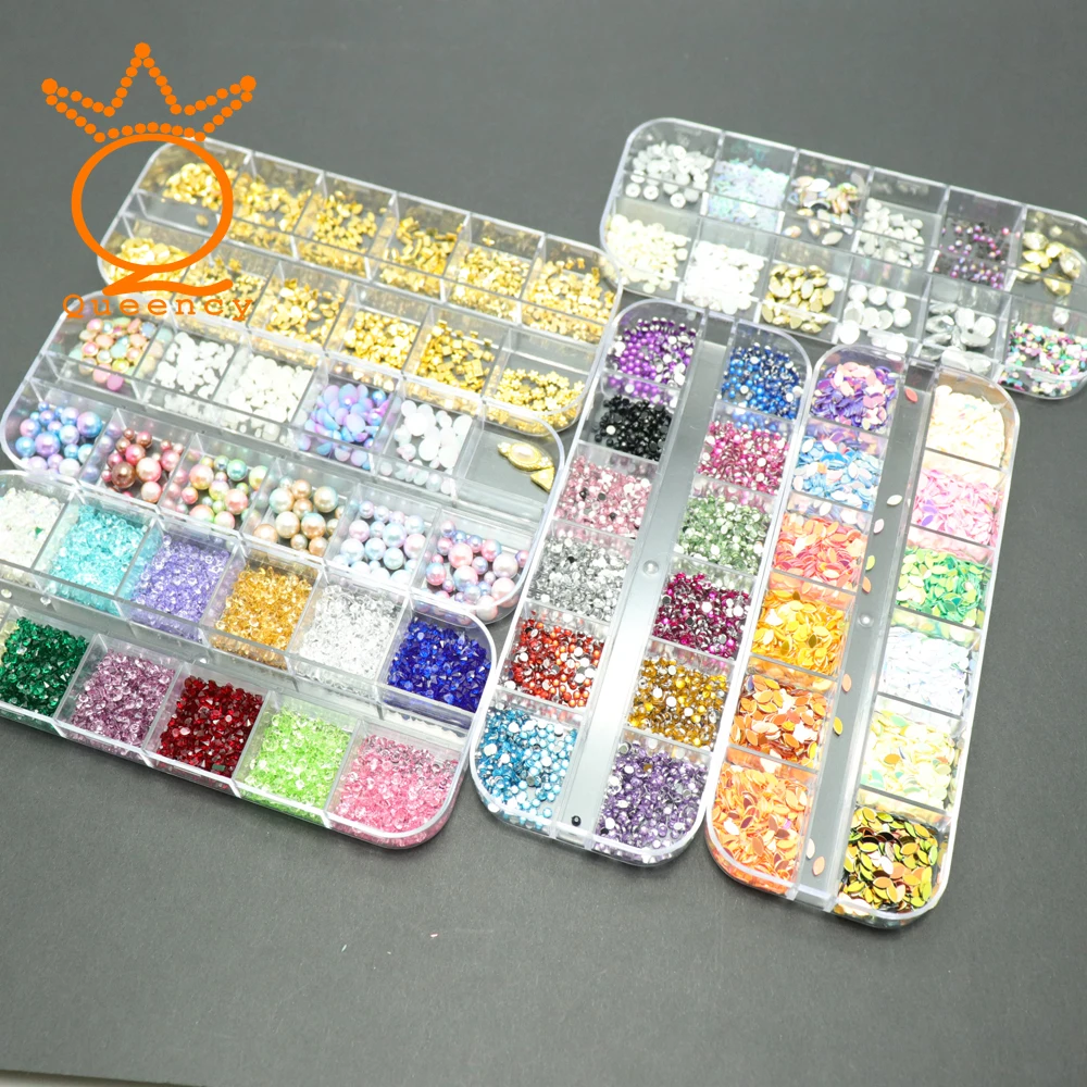 

Nail Art Rhinestone Applique 12 Grids Acrylic Diamond Stud Pearl all For 3d Nail Decorations Resin Rhinestones Stone For Diy