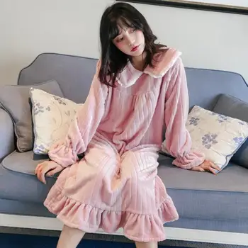 

Lace patchwork princess nighgowns female long sleeve loose flannel sleep dress 2019 autumn winter new home clthes gx1580