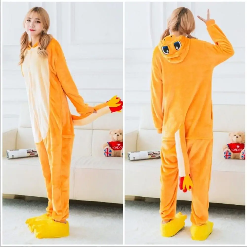 Onesie/ ; Пижама кигуруми в виде животных; комбинезон с единорогом; унисекс; женская одежда для сна с капюшоном; зимняя Фланелевая пижама с жирафом для взрослых - Цвет: Charmander