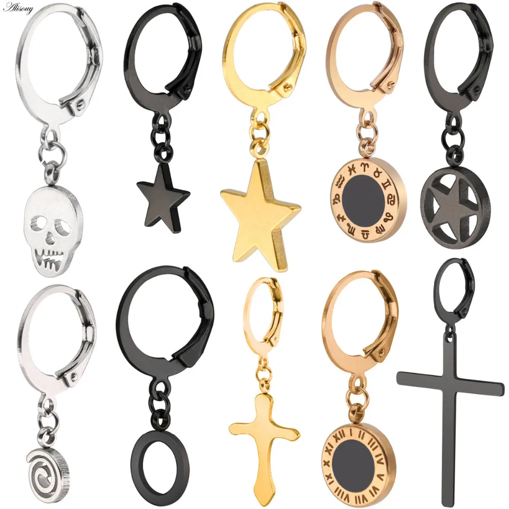 

Alisouy 2pcs Stainless Steel Women Costume Jewelry Drop Earrings Cross Star Skull Shape Vintage brincos For Women Earring Gifts