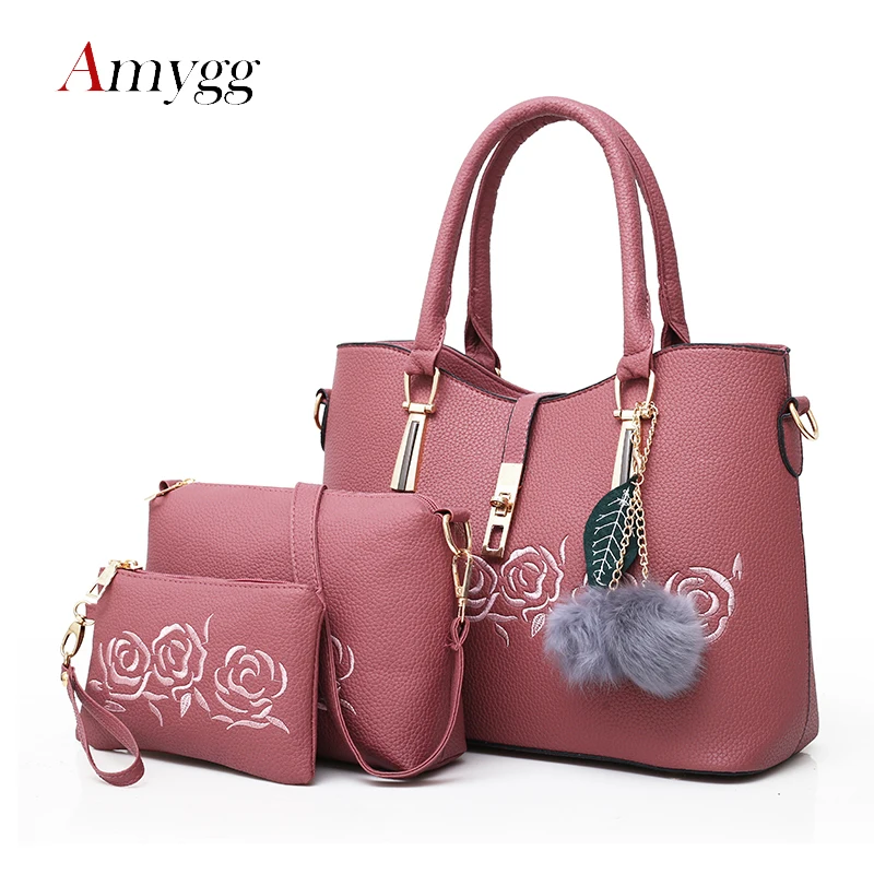 

3Pcs Women Handbag Sets Embroidered Flower Ladies Handbags Floral PU Leather Shoulder Tote Bags+Female Messenger Bags+Purse Sac