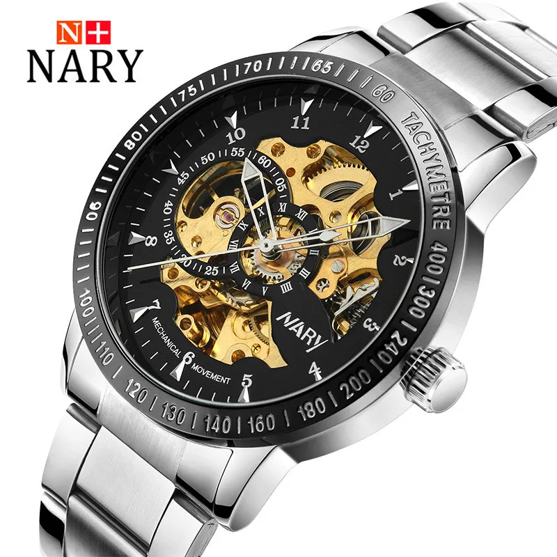 Nary Hollow Watches Men Fashion Business Leather Wristwatch Stainless Steel Waterproof Automatic Self Wind Watches Relogio