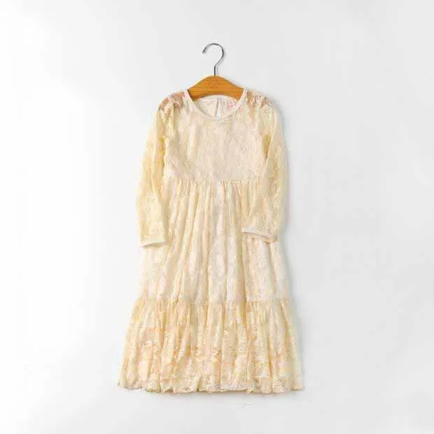 Everweekend Cute Princess Girls Lace Bow Dress Ruffles Maxi Candy Beige White and Blue Color Spring Summer Holiday | Детская одежда и