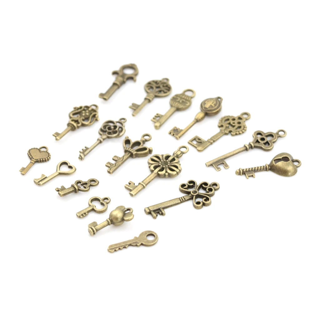 18pcs/sets DIY Craft Gifts Bronze Ornate Skeleton Keys Lot Antique Vintage Old Look Necklace Pendant Fancy Heart Decor