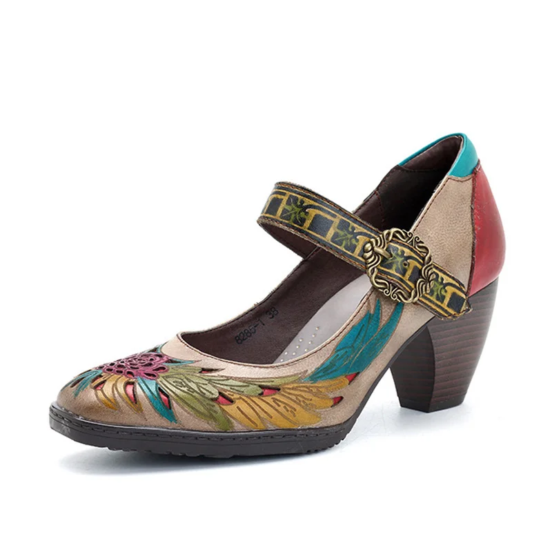 

Johnature 2019New Summer Retro Handmade Genuine Leather Printing Flower Mary Janes Soft Sole Fashion Lady Shoes High Heels Pumps