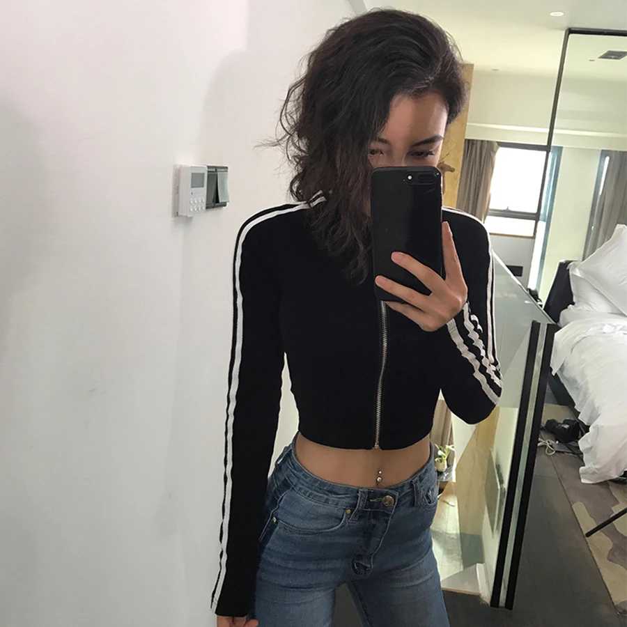 Women Round Neck Short Top Zipper Slim Coat Long Sleeve Top Crop Moda Mujer 2019 Trendy Clothes For Women  70j107