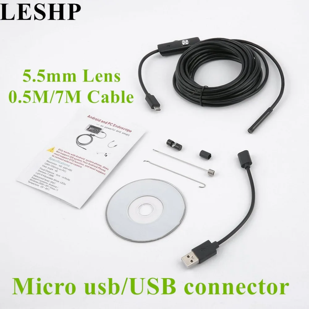 

New Endoscope Waterproof Inspection Borescope With 6 LEDs & 5.5mm Lens for Android Focus Camera Lens USB Cable Endoscope