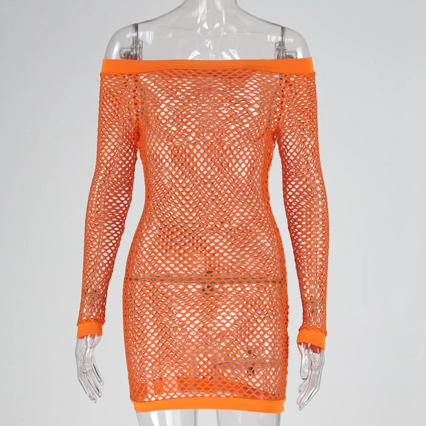 orange fishnet dress