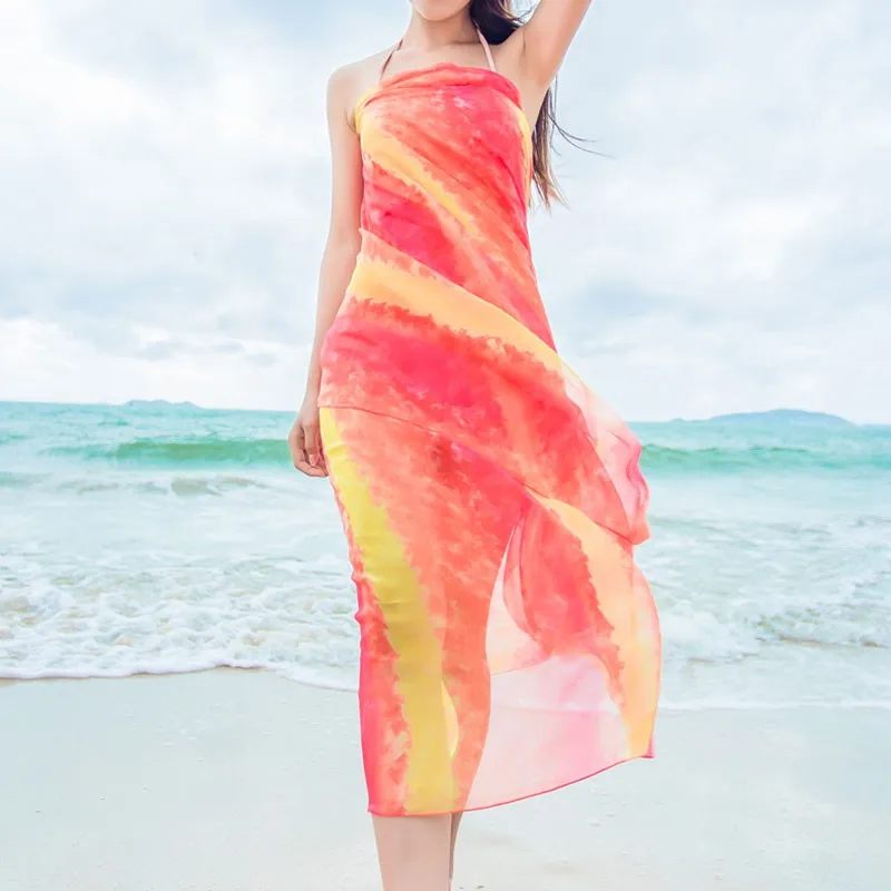 

Women's Long Striped Rainbow Print Chiffon Scarves Sarongs Hijab Beach Swimsuit Cover Up Bikini Scarf DQ02