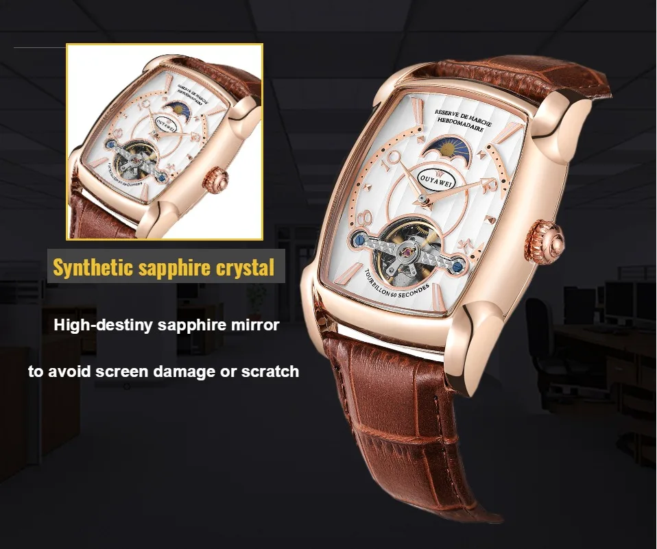 Роскошные OYW модные автоматические мужские механические часы Tourbillon деловые часы Tonneau Форма кожаные Наручные часы Relojes Hombre
