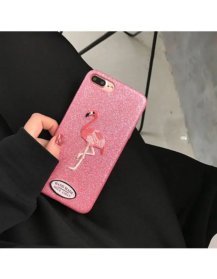 embroidery flamingo glitter sequins phone case for iPhone 6 6s 7 Plus (6)_