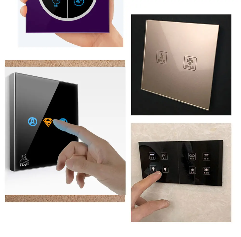 Tela de Vidro Interruptor de Luz Gangues Vias Roxo Toque Parede Logotipo Botão Design Livre 110 V250 v Micro Interruptor 4 2 10 High Quality Renovação da Casa