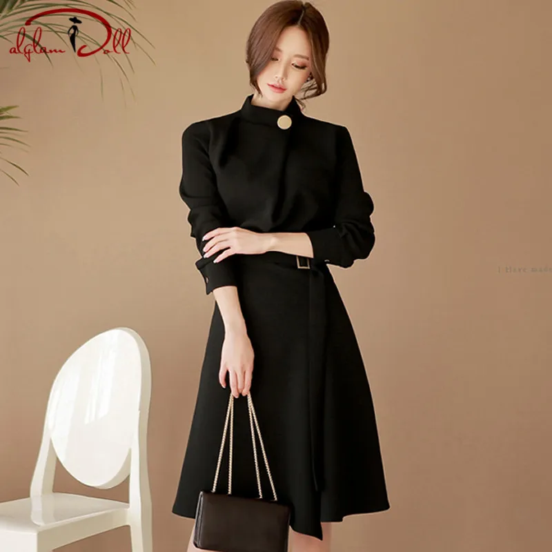 

Sexy Black Dress 2019 Autumn New Sashes Split Knee-Length Swing Women Cloth Full Sleeve Brief Casual Vestidos