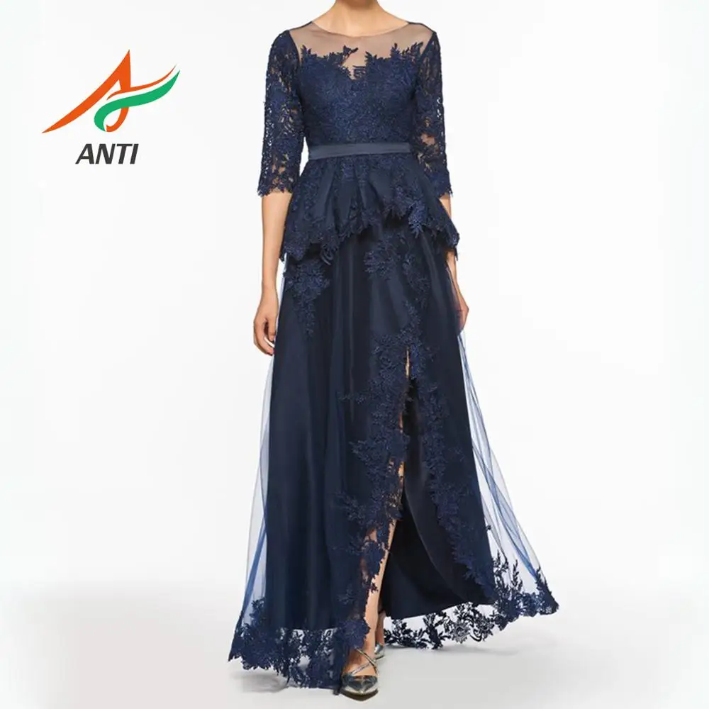 

ANTI 2019 New Special Design Long Dark Blue Evening Dress Scoop Neck Half-Sleeve A-Line Formal Party Gowns With Side Split LM306