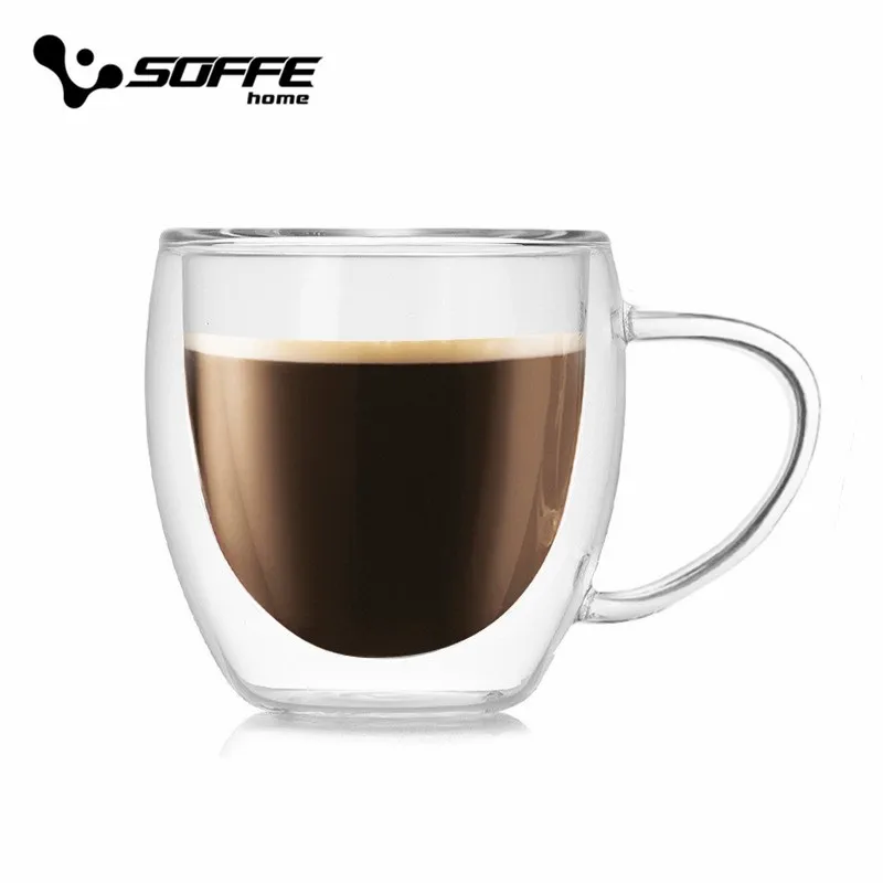 

Soffe High Quality Glass Coffee Mug with handle 250ML 350ml Double Layers Glass Heat-resistant Creative Milk Tea Drinking Cup