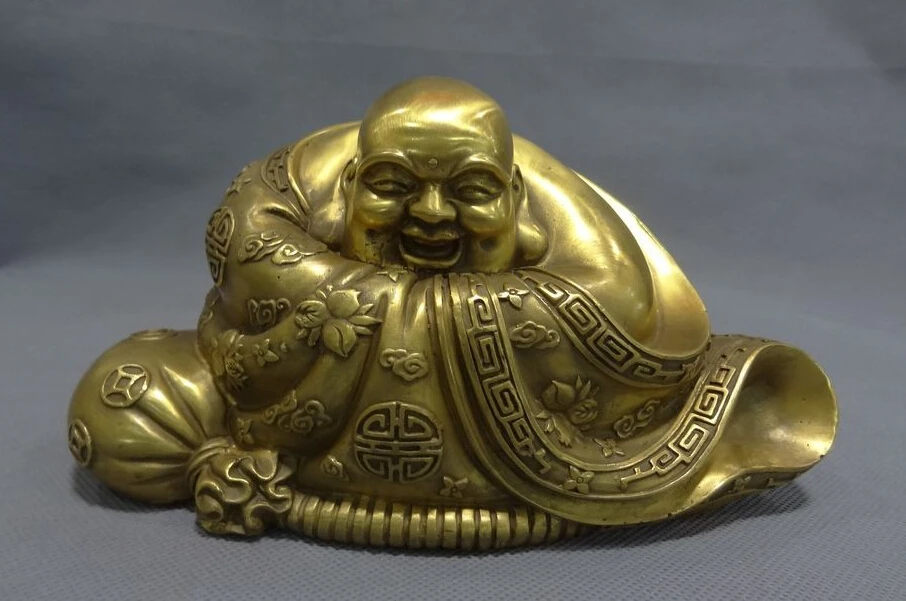 

JP S0606 8" Chinese Bronze Wealth Shou Happy Laugh Maitreya Buddha Flower Coin Bag Statue (B0328)