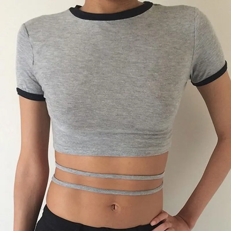 

2017 Women Vintage Crop Top T shirt Bandage Sexy O Neck Cropped Tops Womens Bandage Strap Tops Summer Fashion T Shirt