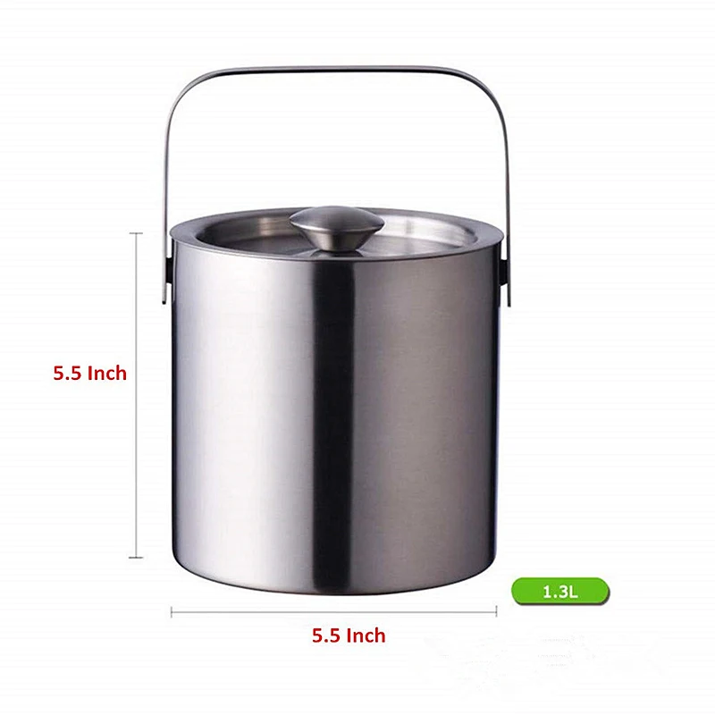 1.3L Portable Double Wall Stainless Steel Ice Bucket Bar Ice Holder cooler with Tong