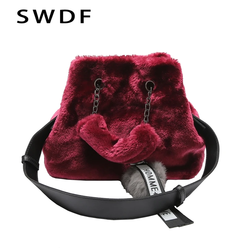 

SWDF Women Winter Faux Fur Ball Messenger Bag Fashion Bucket Chains Handbag Ladies Crossbody Bags Feminina Plush Handbags Bolsas