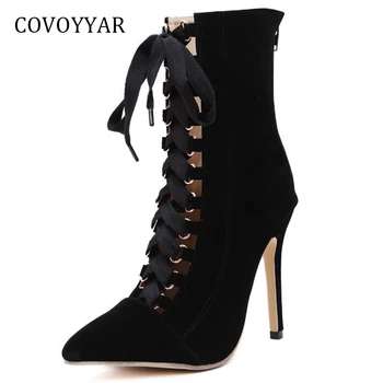 

COVOYYAR 2019 Sexy Pointed Toe Extremely High Heeled Women Boots Spring Summer Lace Up Ankle Boots Back Zip Women Shoes WBS374