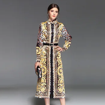 

High quality runways Fashion designer Autumn long dress Women's long sleeve Vintage Leopard print High Split Mid-Calf dresses