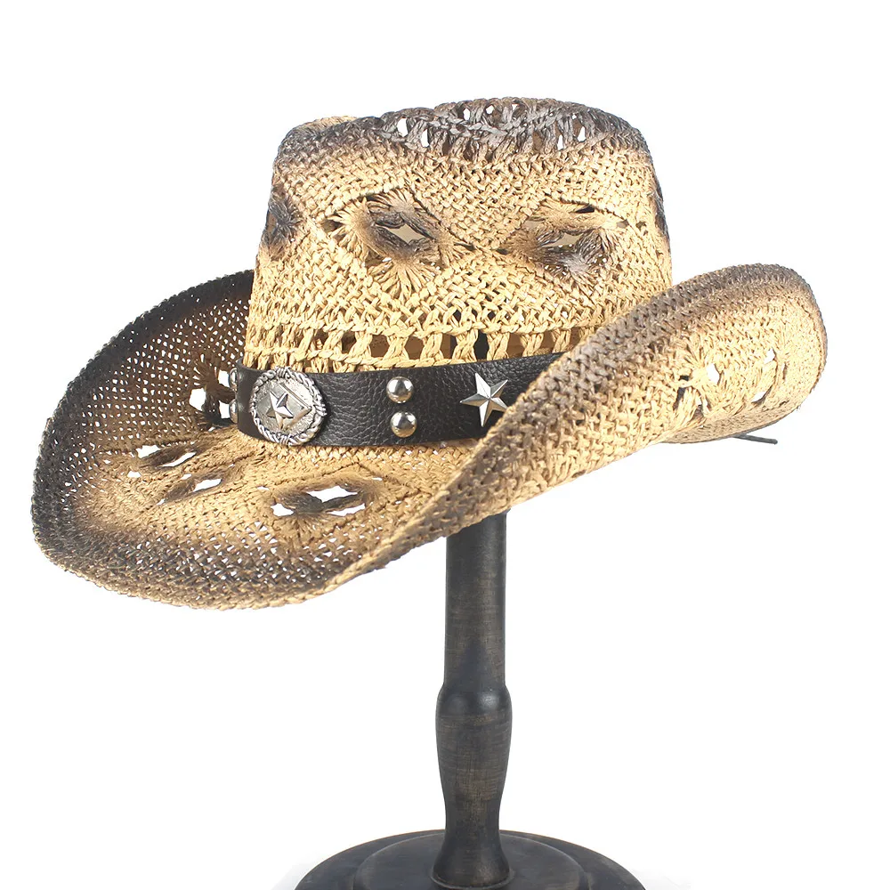 Летняя мужская соломенная ковбойская шляпа в западном стиле с панком, брендовая мужская пляжная ковбойская джазовая шляпа от солнца, размер 56-58 см