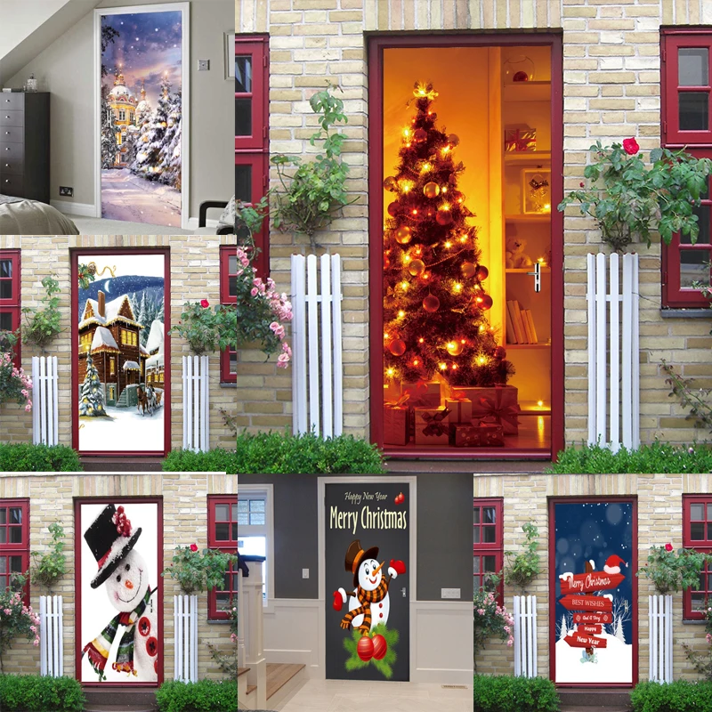 

3D Door Sticker DIY Snoman Christmas tree Home Decor Wall Art Mural Creative Vinyl Wallpaper Waterproof Xmas Santa Door Murals