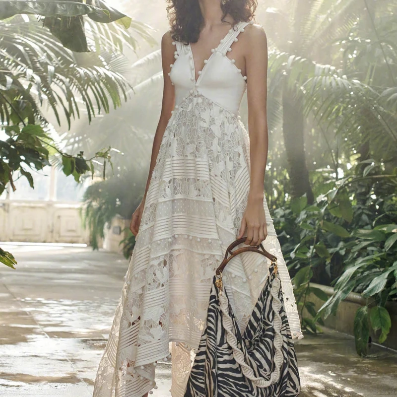 

HANZANGL Newest 2019 Brand Women Dress Sexy Hollow Out Embroidery Lace Strap Dress Vacation Casual Asymmetrical Party Dresses