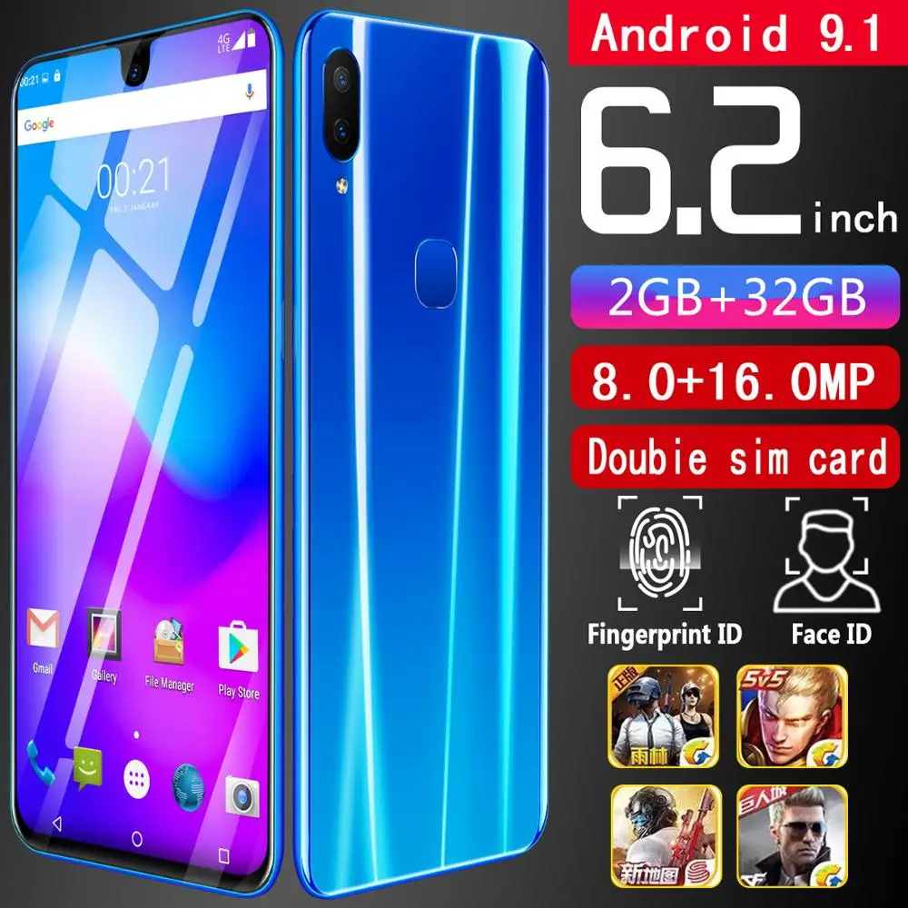 2gb+32gb CHAOAI X23 6.2 Inch Smartphone unlocked Mobile android 9.1 10 core HD cameras 2 sim 2 standby 4G Cellphone