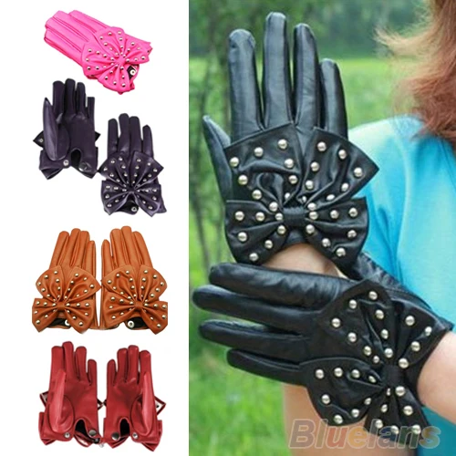 

New Hot Winter Motorcycle LADY Rivets Butterfly Bow Soft PU Leather Gloves for Women 4 Colors M L 02A6 4N3K 7FO1