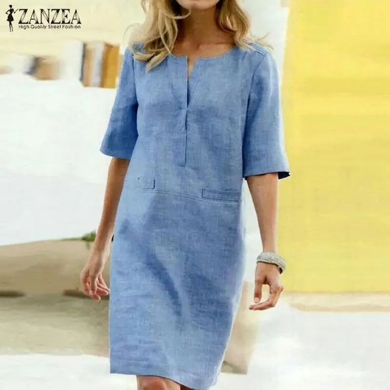 

Elegant Shirt Dress Women's Summer Short Sleeve Sundress 2019 ZANZEA Vintage Tunic Vestidos Female Casual Robe Dresses Plus Size