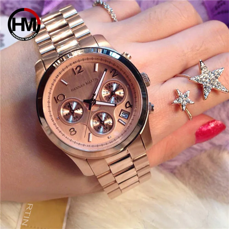 Beste Hannah Martin Nieuwe Mode Faux Chronograaf Plated Classic Gen egrave;ve Quartz Dameshorloge Vrouwen Crystals Horloges Relogio Feminin