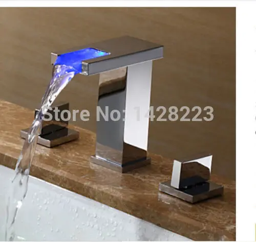 

Luxury LED Color Changing Waterfall Bathroom Basin Faucet Widespread Dual Handles Vanity Sink Mixer Tap