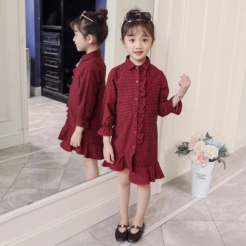 

Girls Dress Plaid Long Sleeve Plaid Shirt Dress 2018 New Fashion Autumn Casual Dress Teenagers Big Girls 4 5 6 7 8 9 10 11 12 13