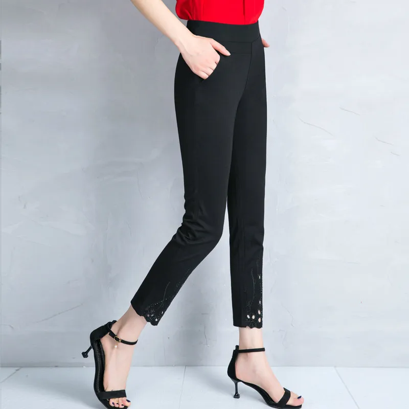 Плюс размер 5XL Весна Лето среднего возраста Женские карманы высокие Капри по талии брюки повседневные широкие прямые брюки - Цвет: Black nine