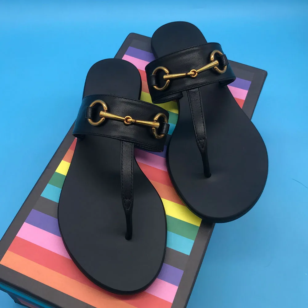 

Summer Women Classic Buckle Design Real Leather Flip Flops Lady Beach Slippers GG035